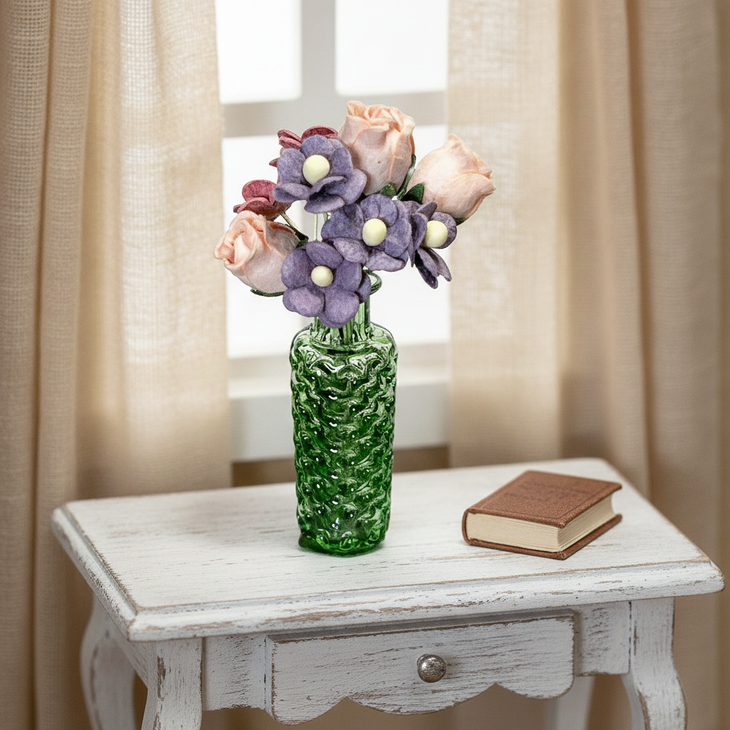 1:12 Scale Miniature Glass Vase with Paper Flowers – Handcrafted Dollhouse Floral Decor, 4 Colors