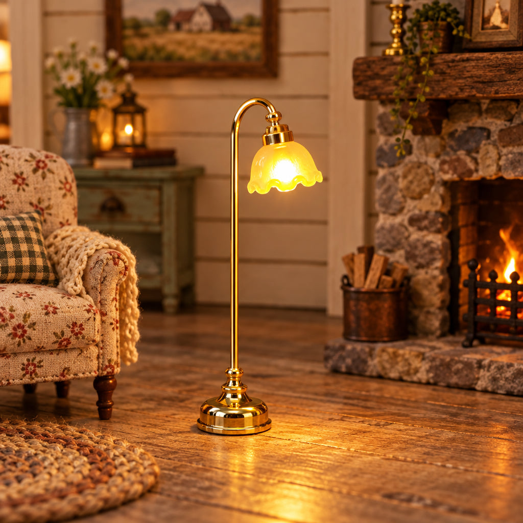 Dollhouse Miniature LED Floor Lamp, Golden Frosted Shade, 1:12 Scale __etsy:6368190886