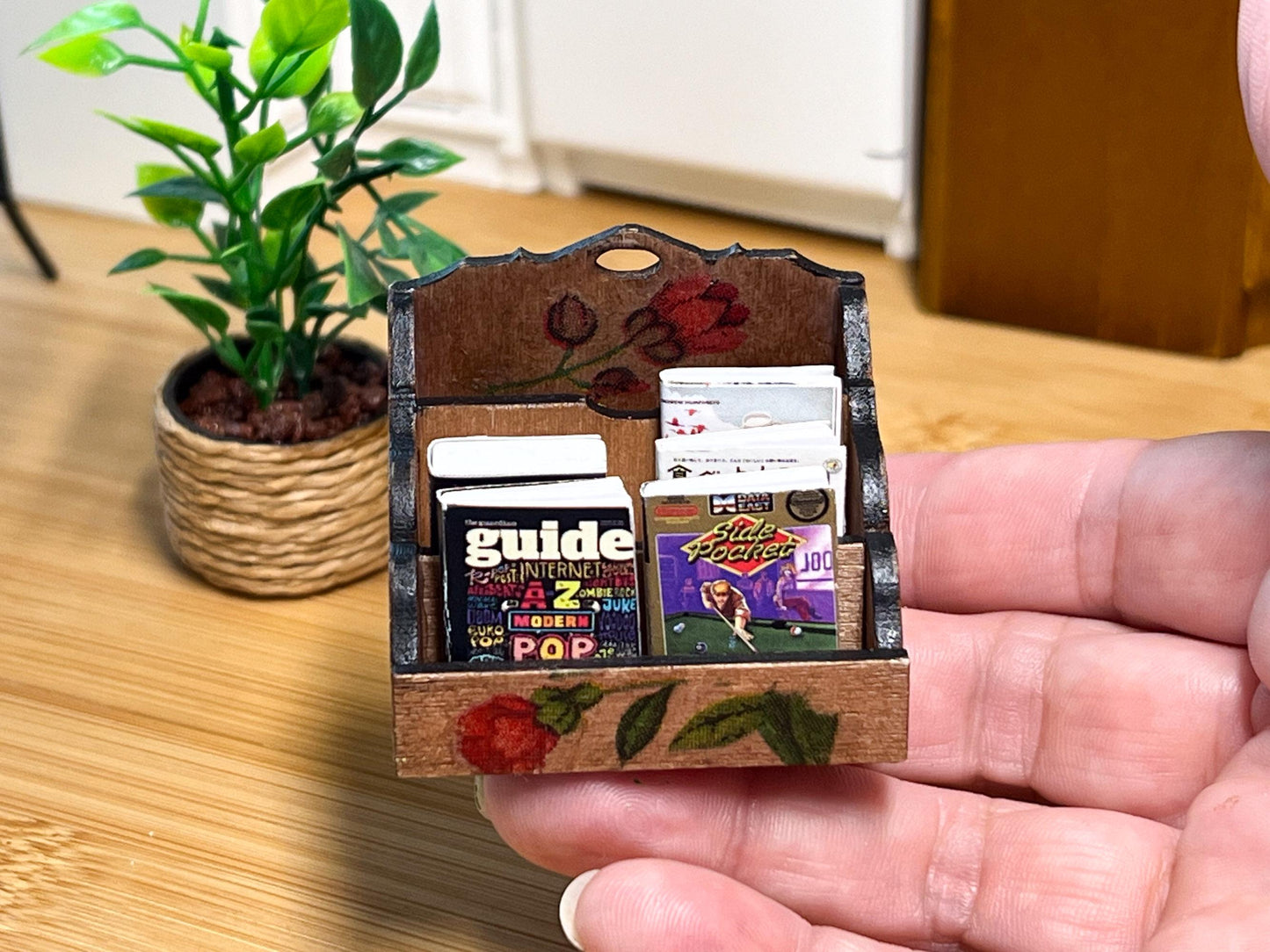 Dollhouse Miniature Wooden Desktop Rack: Maple Finish, Floral Detail __etsy:6408281632