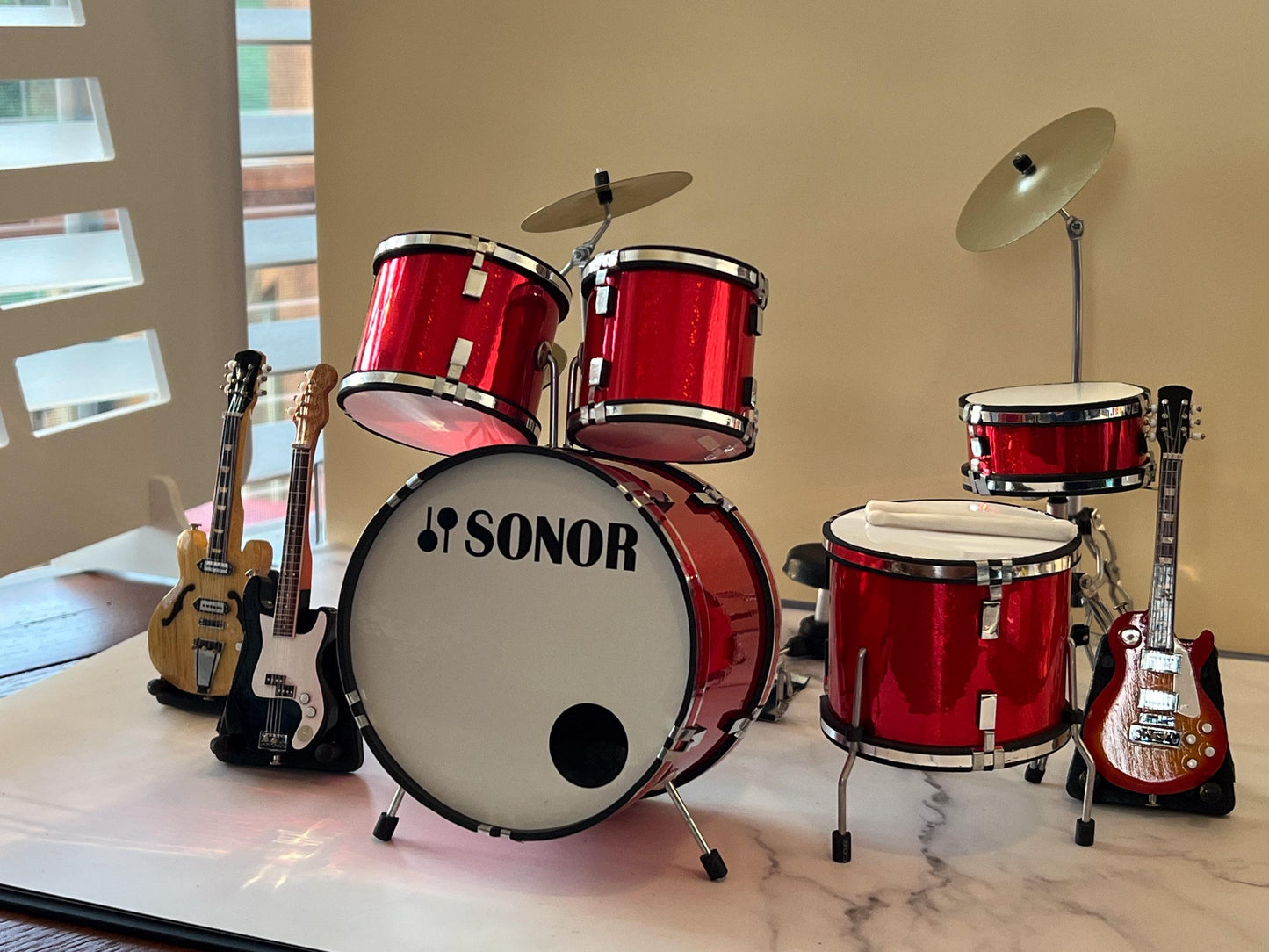 Dollhouse Sonor Red Drums & Guitar Set - 1:6 Scale Miniature Music Room Collectible Drums __etsy:7997519149
