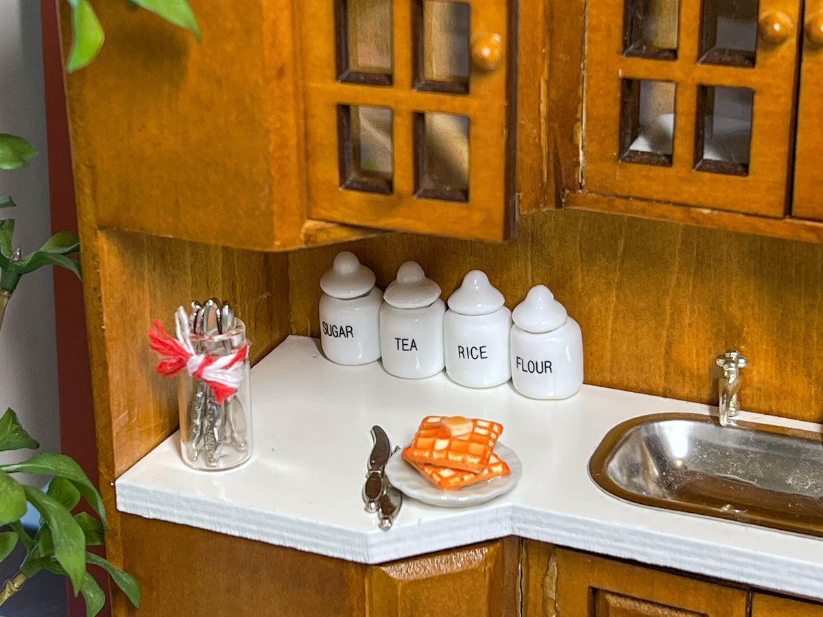 1:12 Miniature White Ceramic Kitchen Canister Set – 4 Pieces