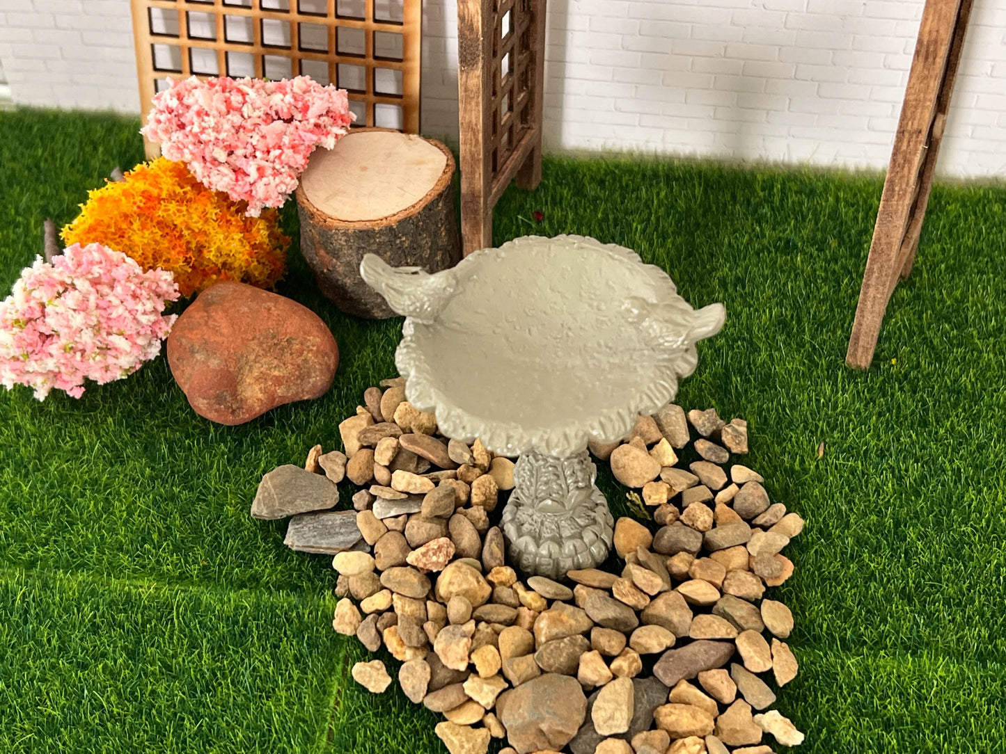 Miniature Bird Bath â 1:12 Scale Clay Dollhouse Garden Fountain with Birds & Water Slime Effect __etsy:6032011831