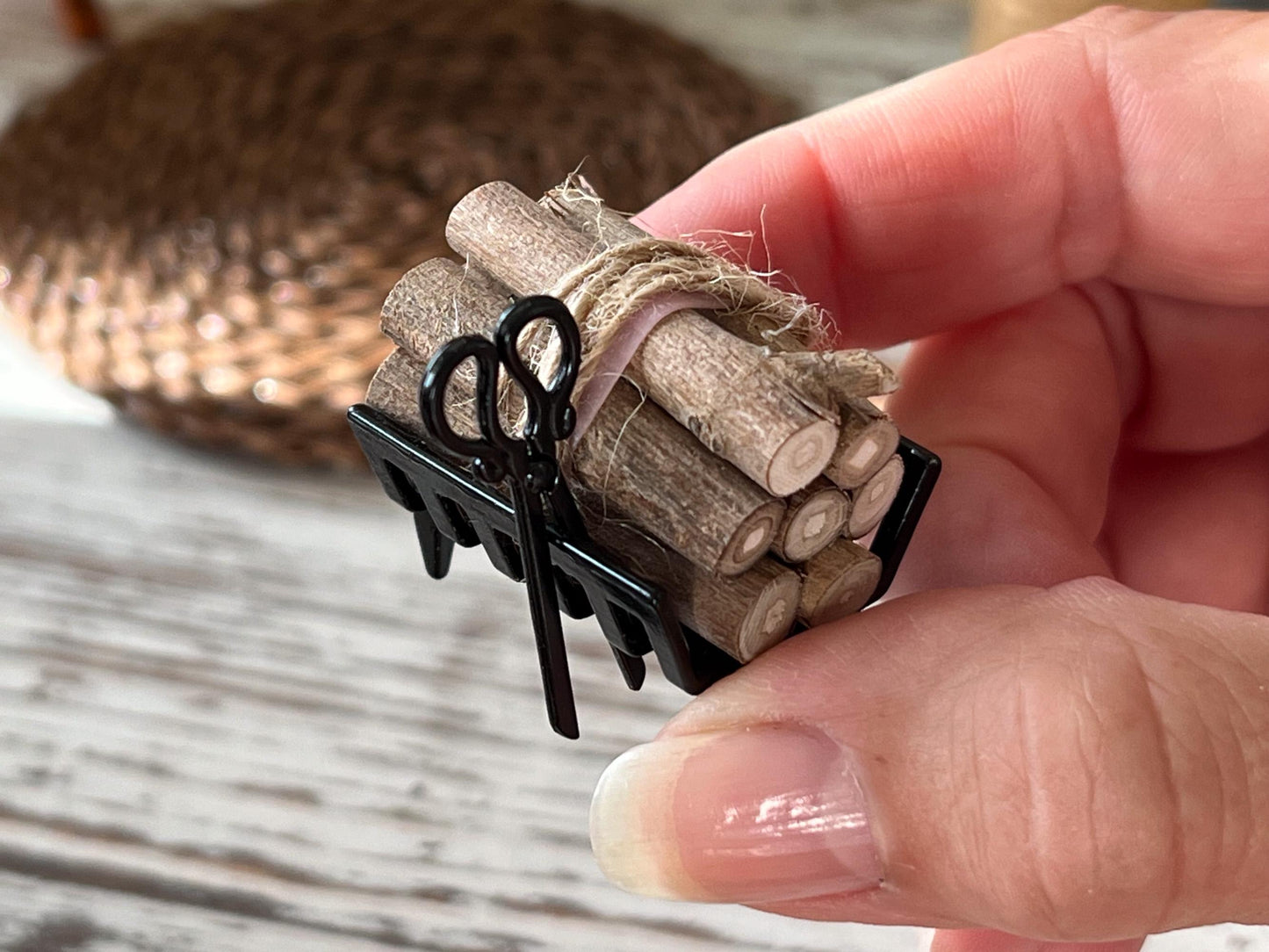 Miniature Firewood Rack 1:12 Scale â Dollhouse Fireplace Accessory | Metal Grate with Logs & Clamps __etsy:6804096406