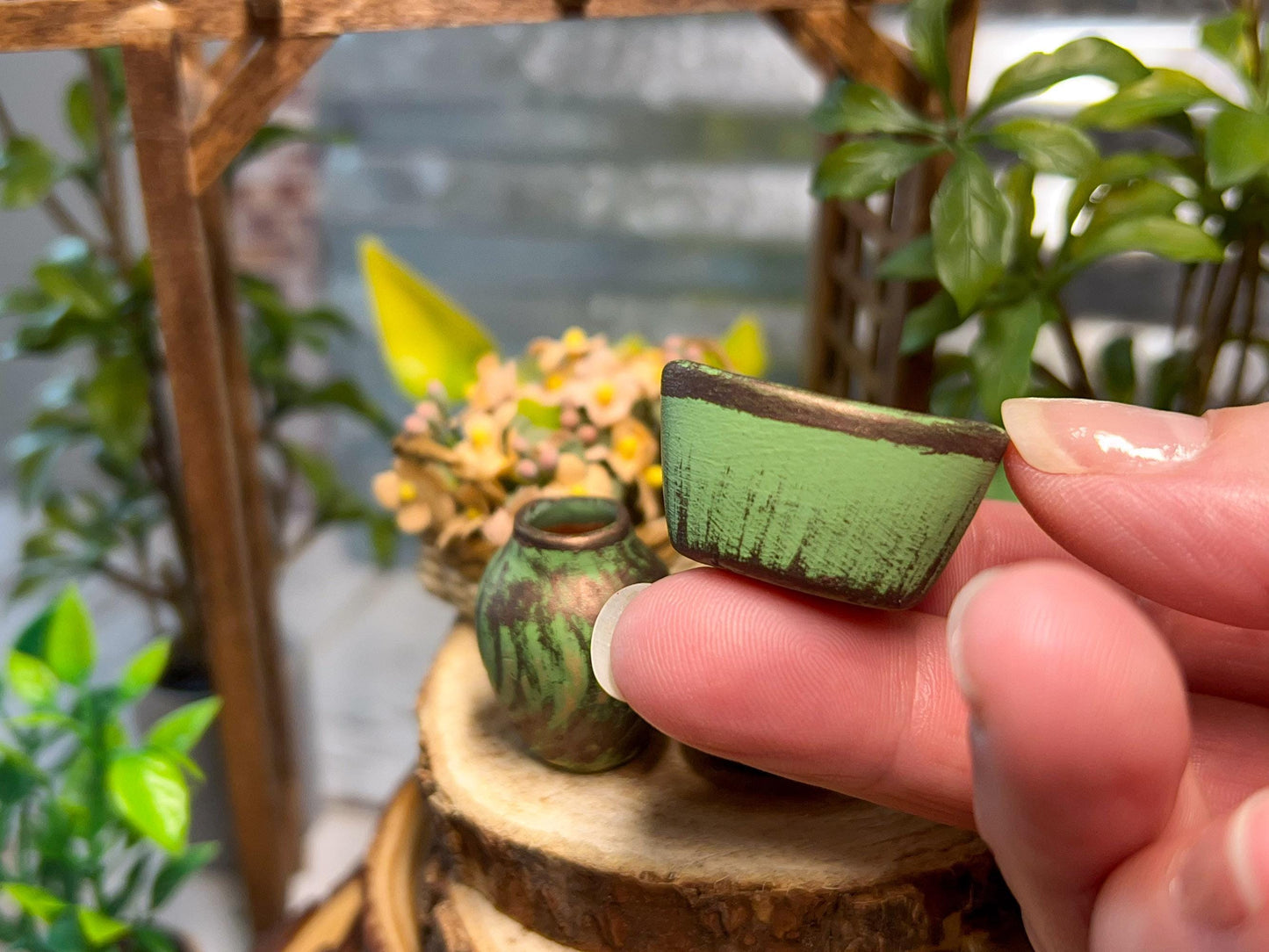 Miniature Green Clay Planters 4PC Set - 1:12 Scale-Dollhouse Pots with Copper Rim __etsy:7655380716
