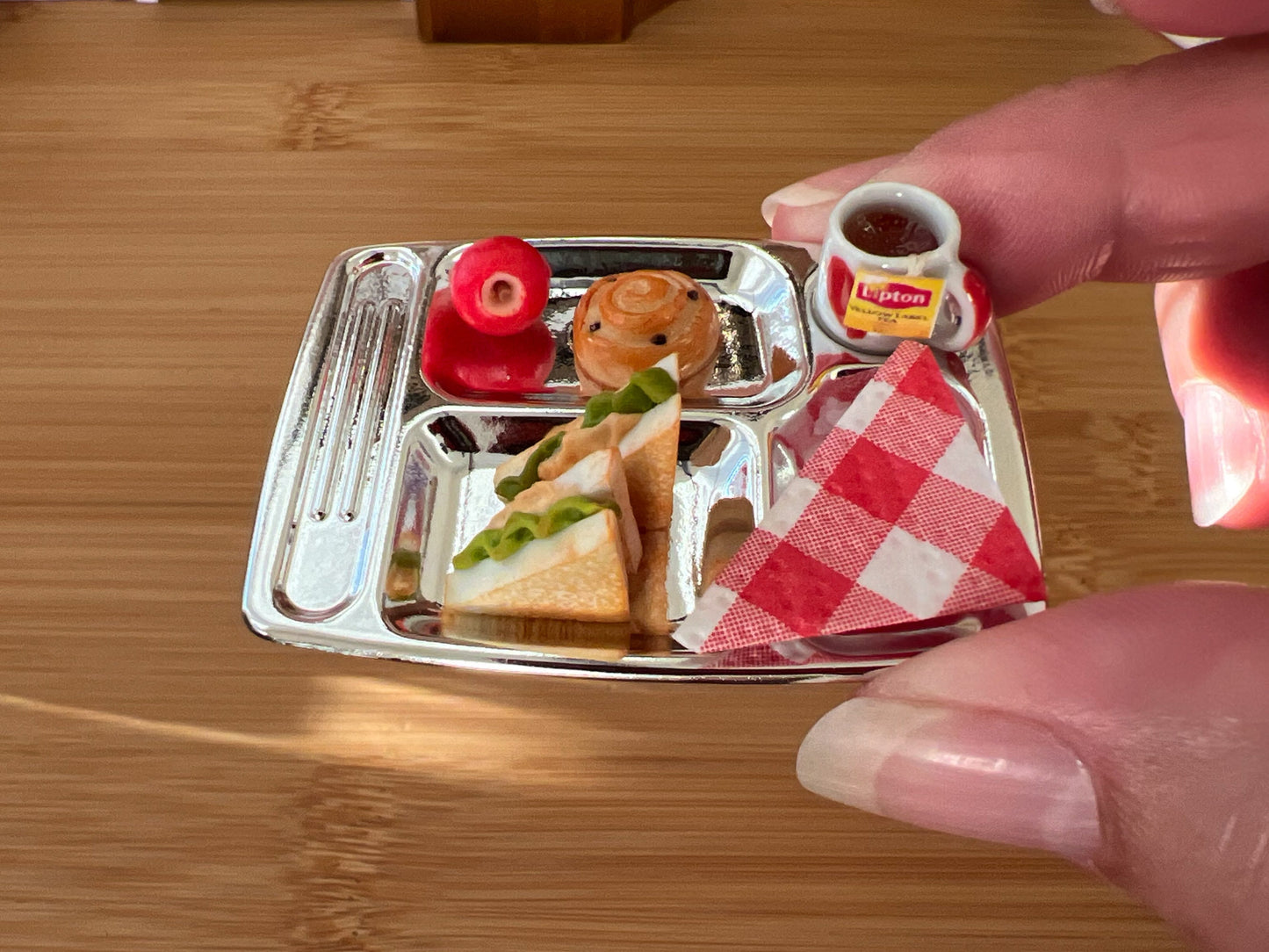 Miniature Lunch on Silver Tray – 1:12 Scale Dollhouse Food with Sandwiches, Apple & Tea __etsy:5881603948