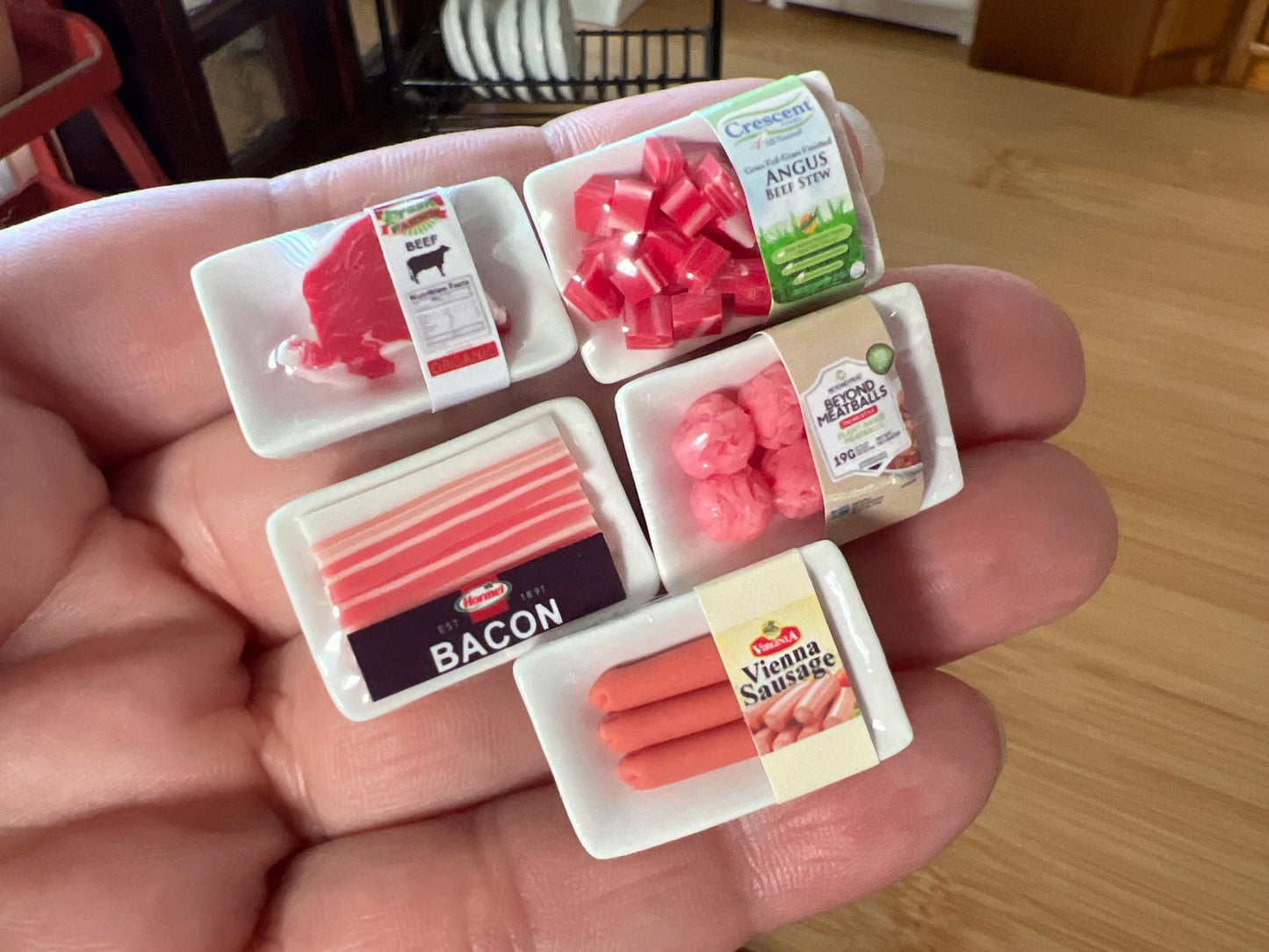 Miniature Meat Pack on Ceramic Tray 1:12 Scale-Dollhouse Food with Nutritional Label Facts __etsy:6538861309
