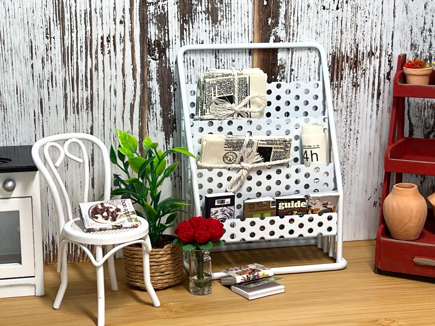 Miniature Newspaper Stand - 1:12 Scale - Dollhouse White Wrought Iron Display Rack __etsy:6451836111