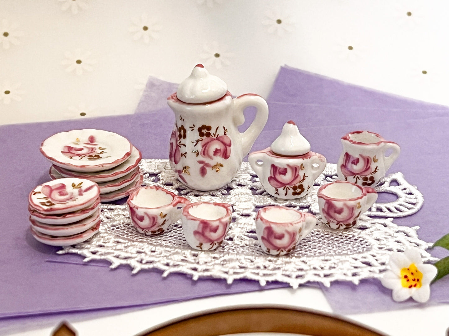 Miniature Porcelain Tea Set 1:12 Scale – 17 PC Dollhoue Teatime Lilac and Gold __etsy:5877283195