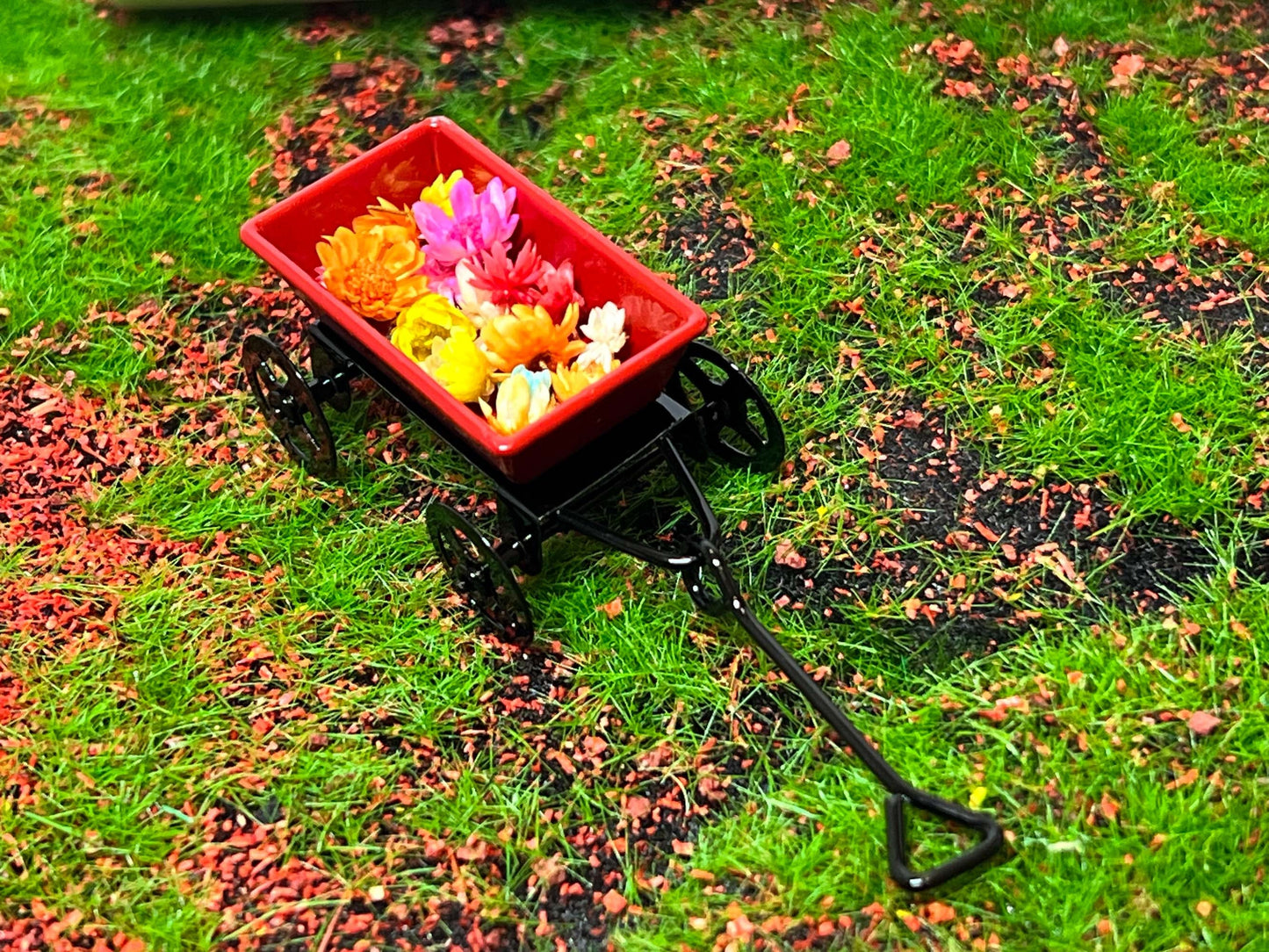 Miniature Red Wagon with Flowers-1:12 Scale-Dollhouse Metal Small Wagon for Kid's Room __etsy:5541639439