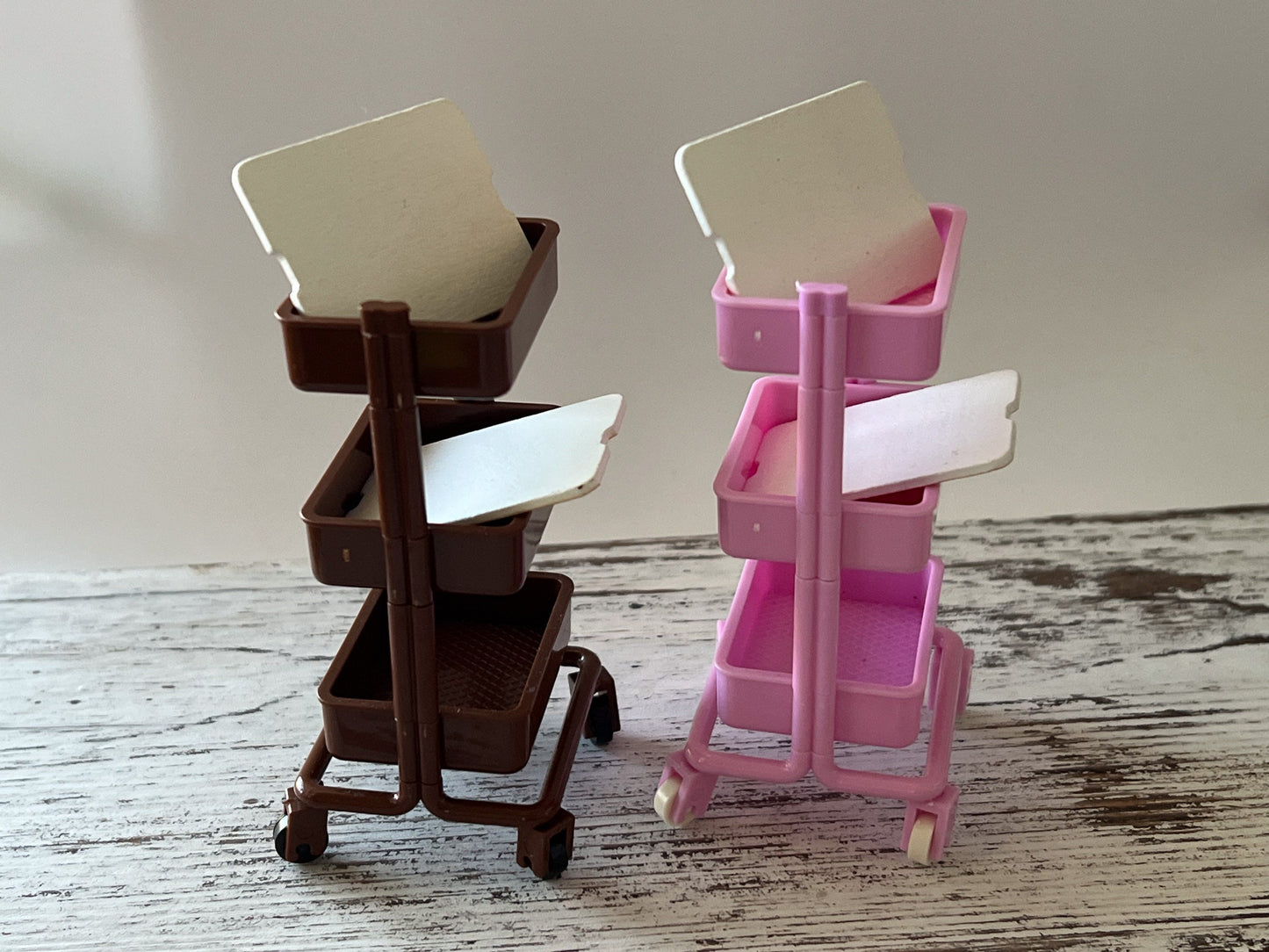 Miniature Rolling Trolley | 1:12 Scale Dollhouse Pink or Brown Storage 3-Tier Cart with Lids __etsy:5512323633