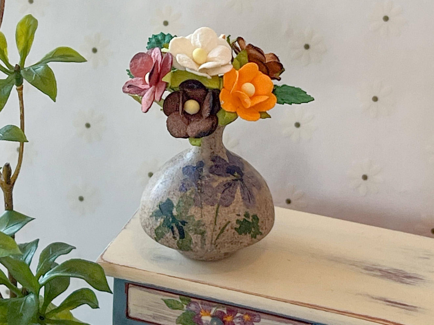 Miniature Stoneware Vase 1:6 Scale – Dollhouse Decor with Decoupage Paper & Mulberry Blooms __etsy:7843121672