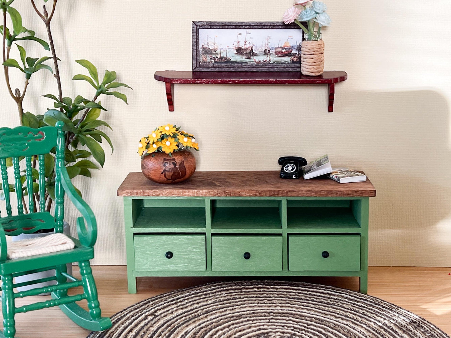 Miniature TV Console 1:12 Scale – Dollhouse Wooden Farmhouse Furniture Green Dresser __etsy:6603933786