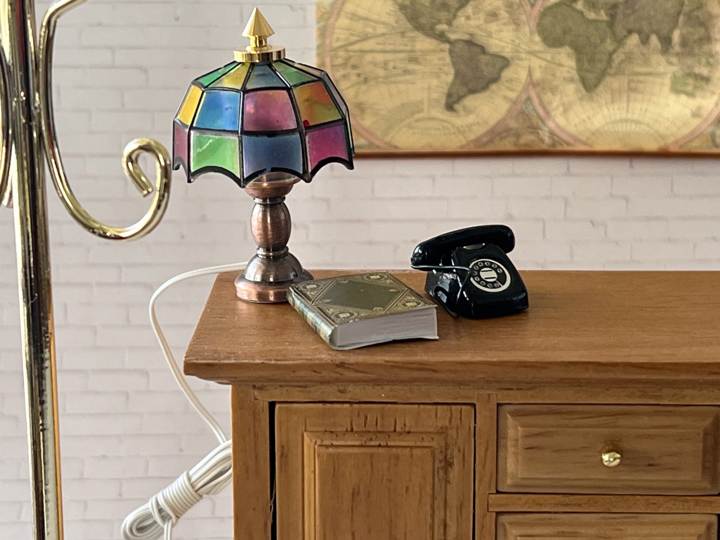Miniature Tiffany Lamp LED 1:12 Scale - Dollhouse Bronze Metal Lamp Lighting __etsy:5512015218