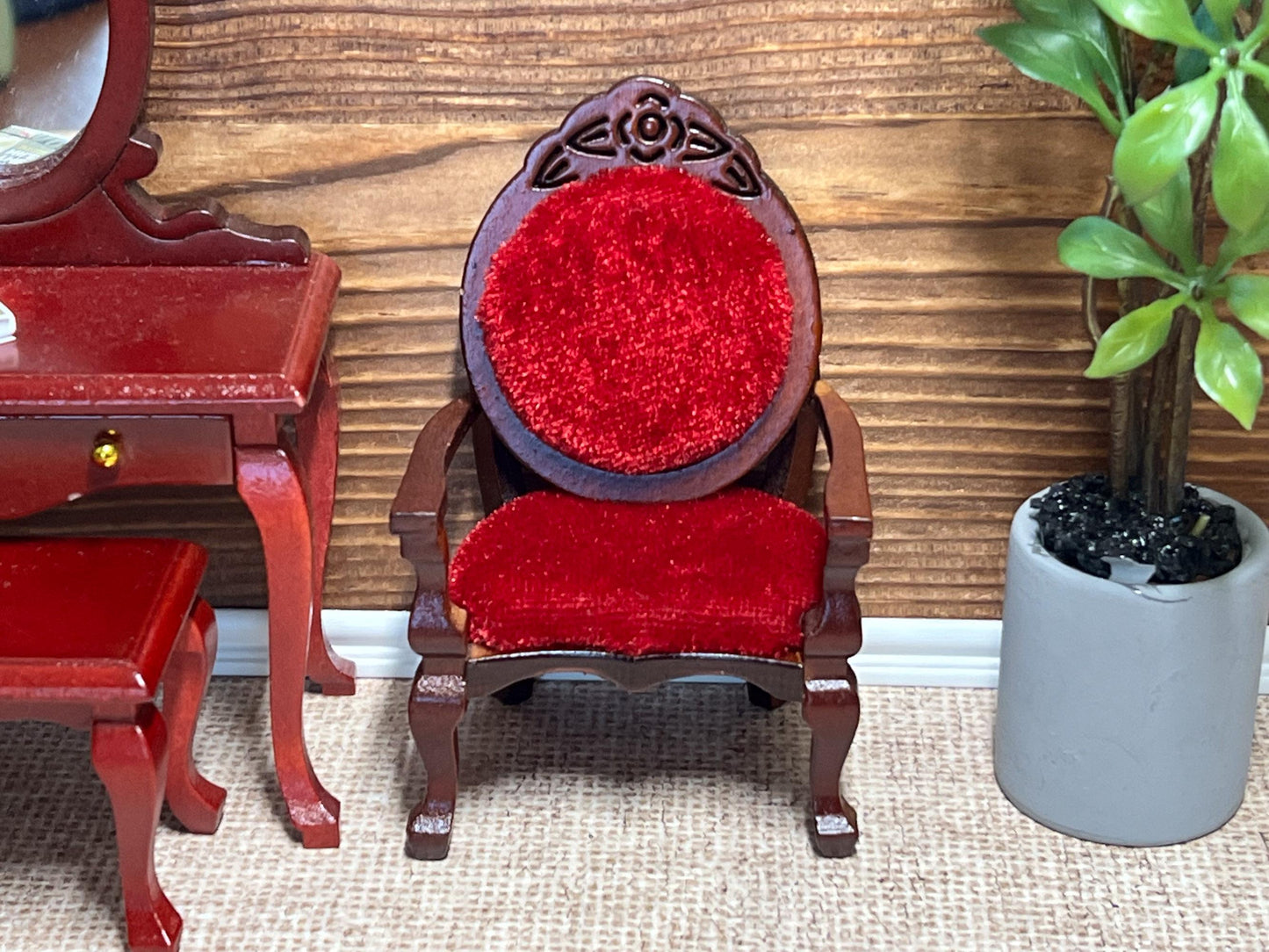 Miniature Victorian Classic Chair 1:12 Scale – Dollhouse Wood Frame and Red Velvet Chair __etsy:6420998621