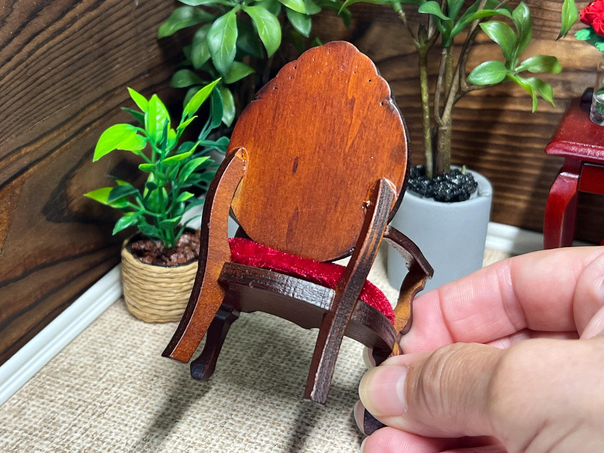 Miniature Victorian Classic Chair 1:12 Scale – Dollhouse Wood Frame and Red Velvet Chair __etsy:6420998501