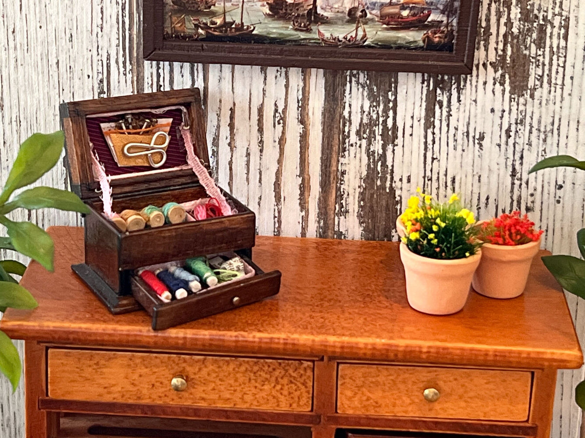 Miniature Vintage Sewing Kit-1:12 Scale - Dollhouse Sewing Room Wood Box with Threads & Scissors __etsy:6303798070