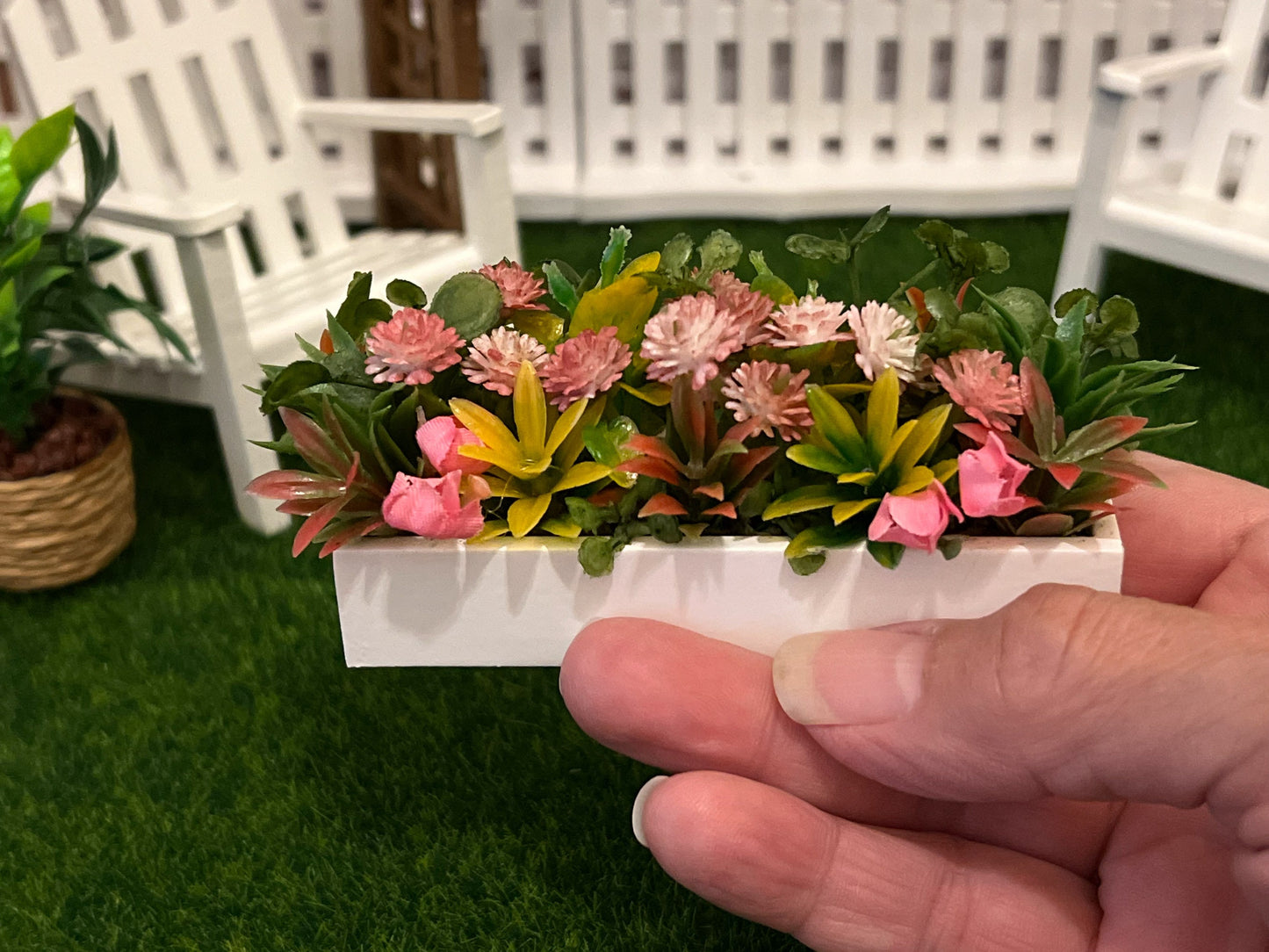 Miniature White Planter Box with Flowers | 1:12 Scale | Dollhouse Wooden Flower Box __etsy:5707353741