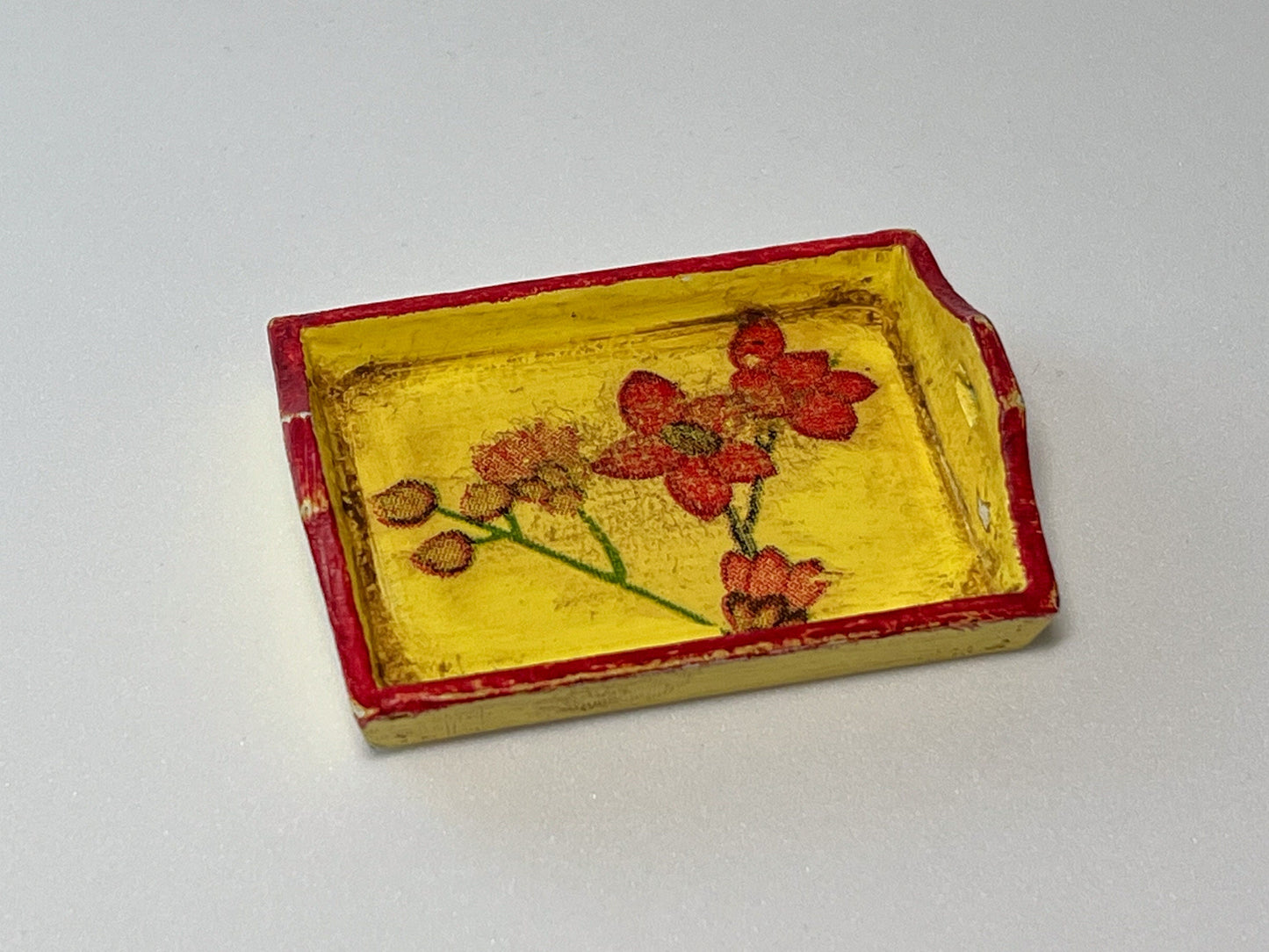 Miniature Wood Serving Tray 1:12 Scale - Dollhouse Yellow Tray with Red Trim & Flowers __etsy:5444814384