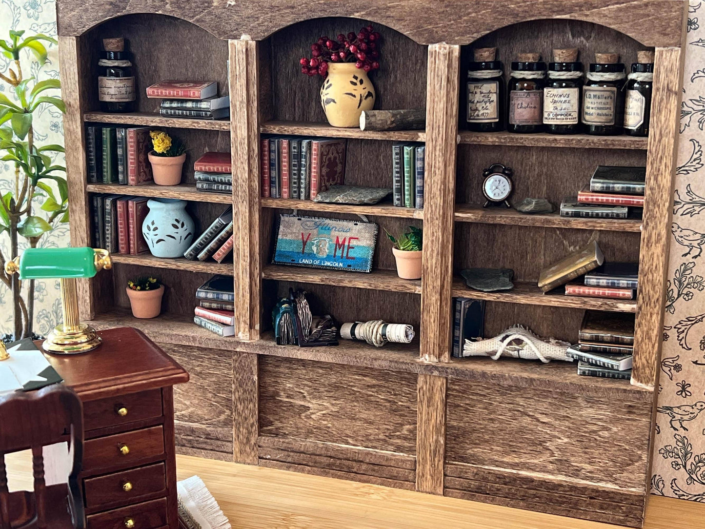Miniature Wooden Bookcase 1:12 Scale – Dollhouse Furniture Library Bookshelf in Light Brown Stain __etsy:7204863122