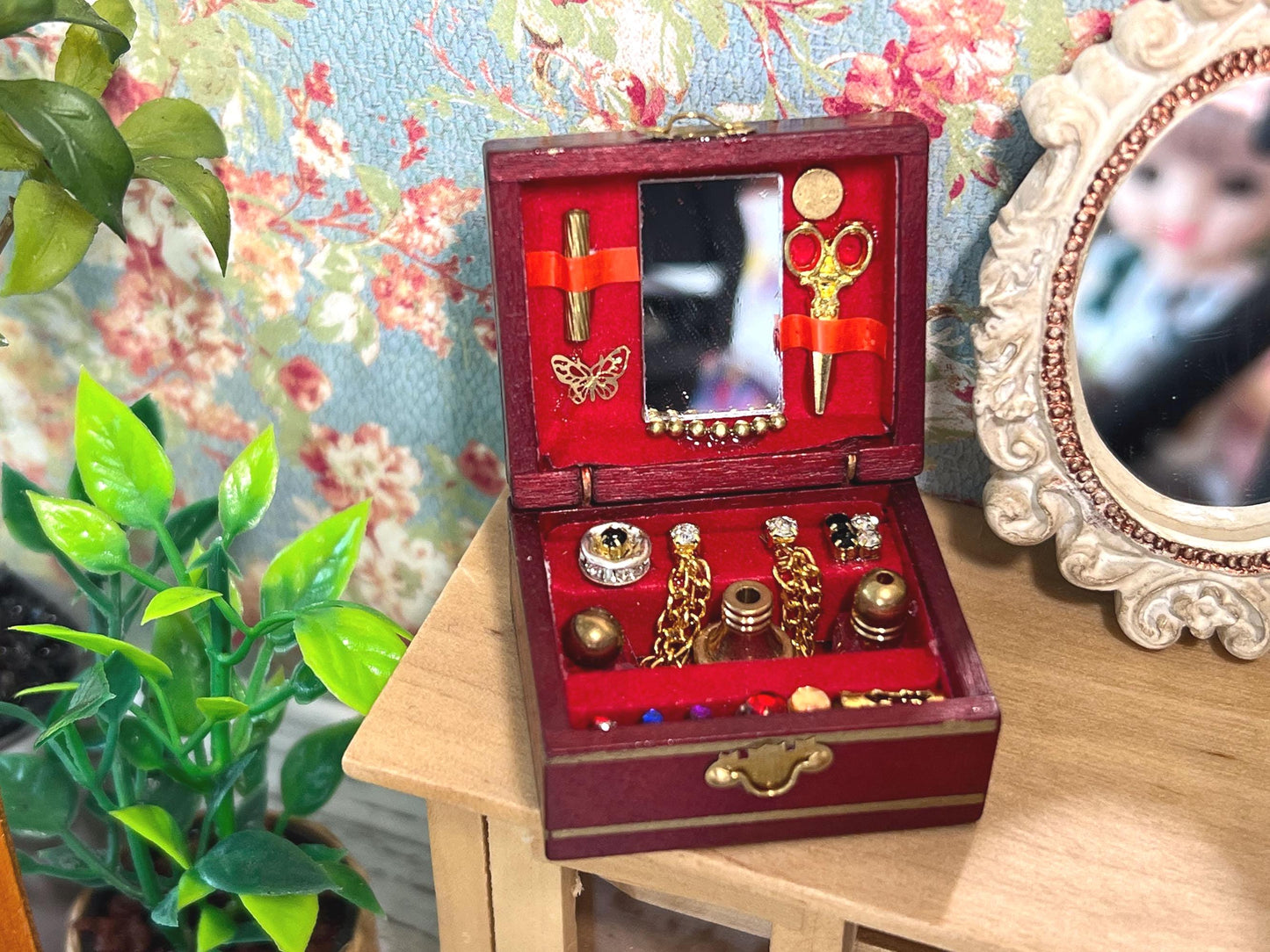 Miniature Wooden Jewelry Box 1:12 Scale –Dollhouse Bedroom Decor | Velvet & Mirror Detail __etsy:6865487681