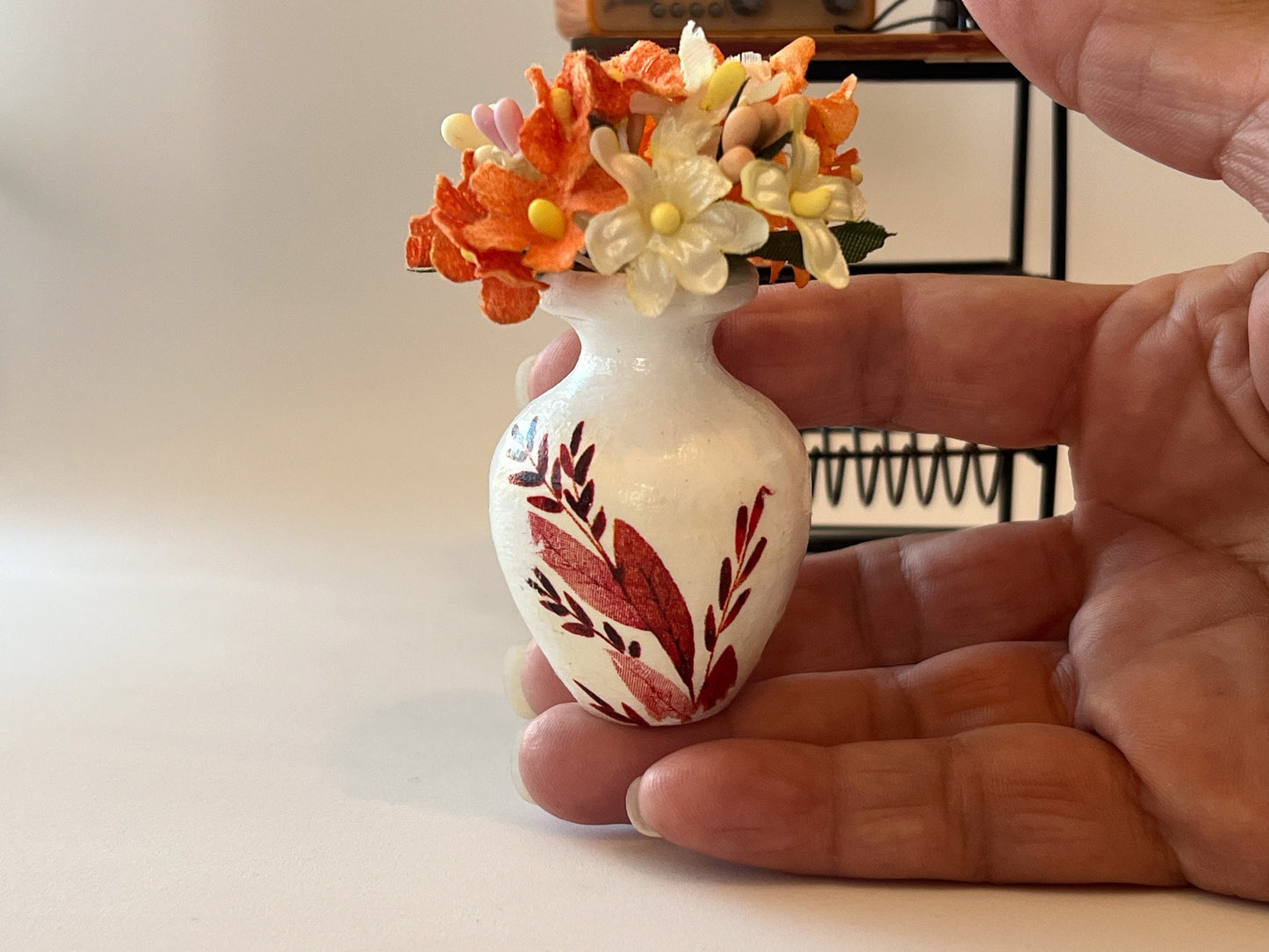 Miniature Wooden Vase 1:6 Scale – Handcrafted with Decoupage Leaves & Silk Flowers for Dollhouses __etsy:5476538632