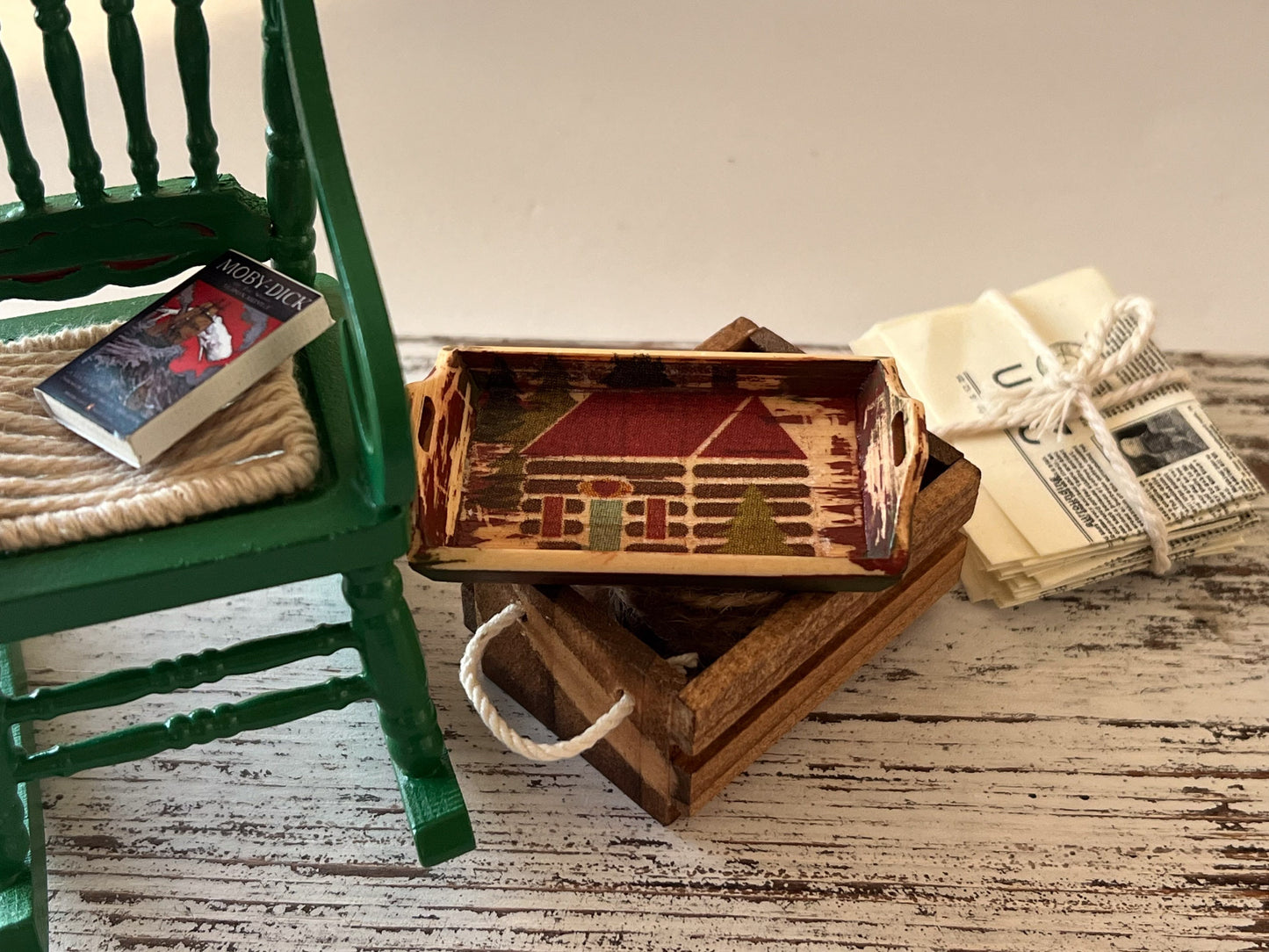Dollhouse Miniature Wood Tray – Cabin Decoupage, 1:12 Scale __etsy:5496274973