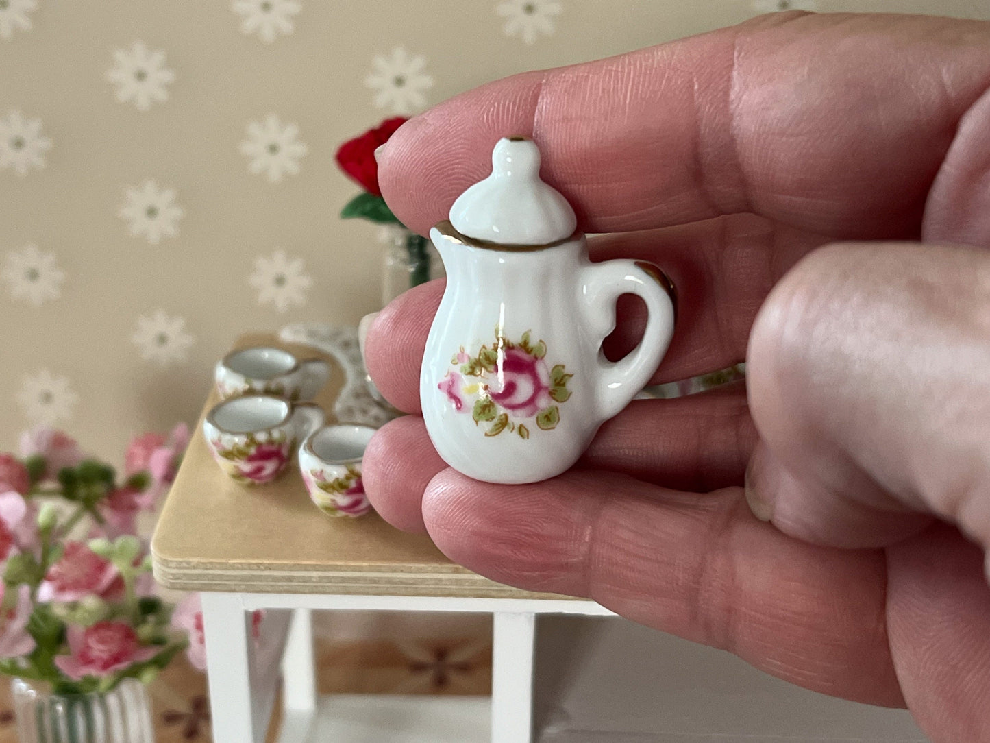 Miniature Tea Set 1:12 Scale – 17-Piece Dollhouse Porcelain Rose & Gold Trim Teatime Set __etsy:5663240395