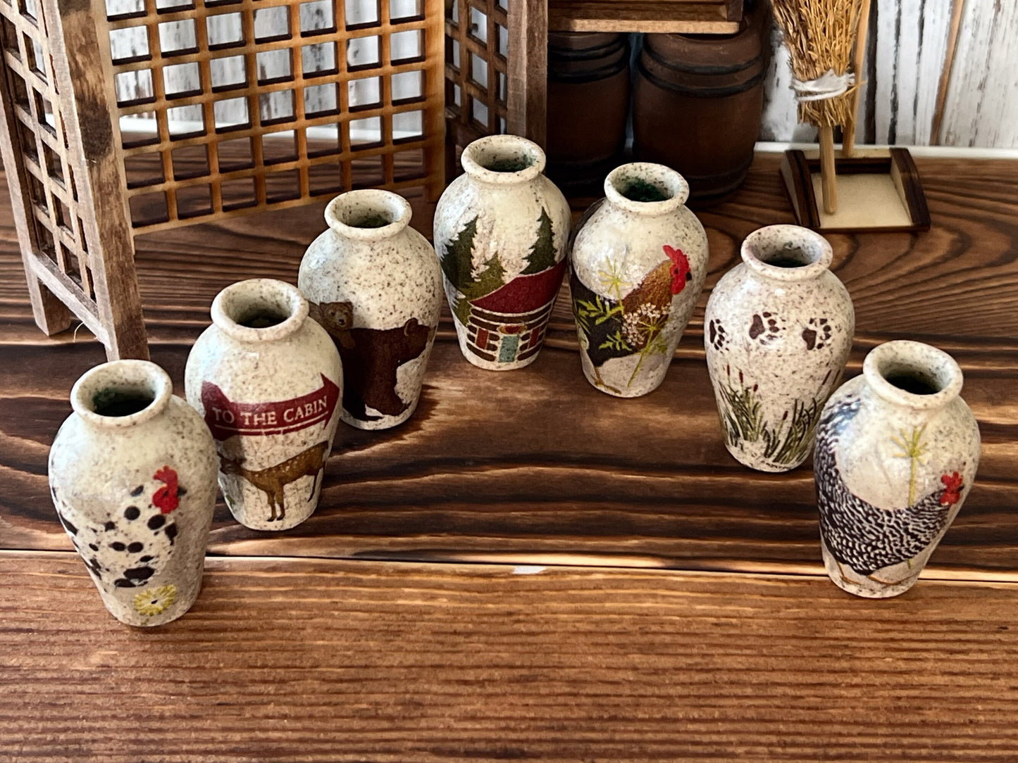 Miniature Stoneware Vase, 1:6 Scale â Rustic Cabin Decoupage, Dollhouse Decor __etsy:6033592259