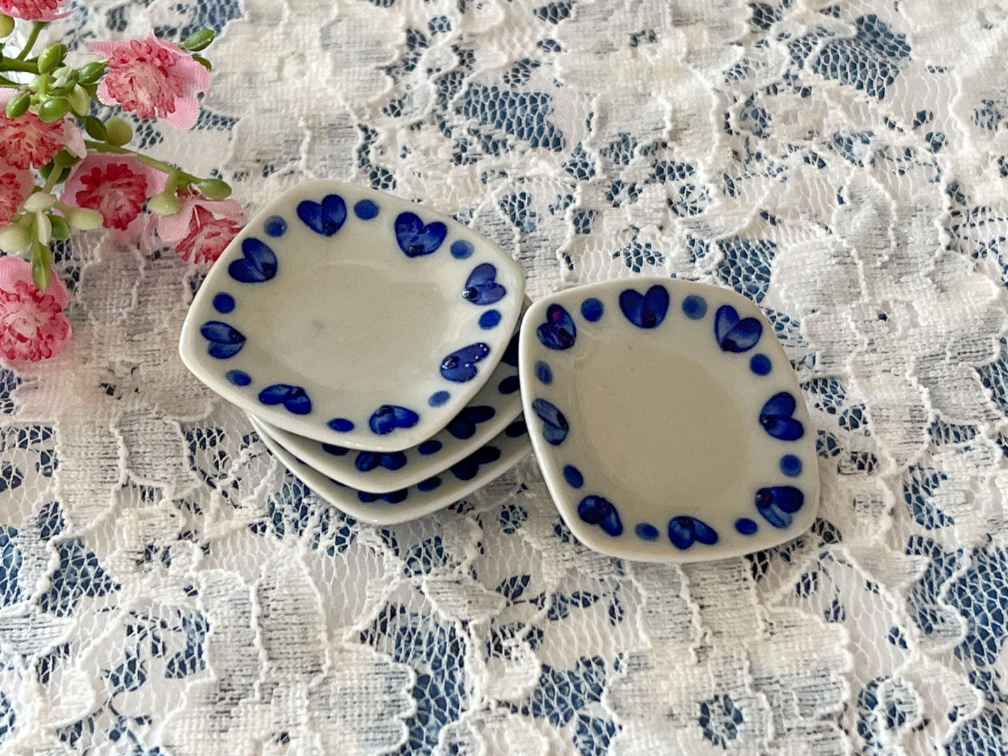 Dollhouse Miniature Dinner Plates – 1:6 Scale Square Plate Set of 4 | White with Blue Hearts | Dollhouse Kitchen or Dining Room Decor __etsy:6238420538