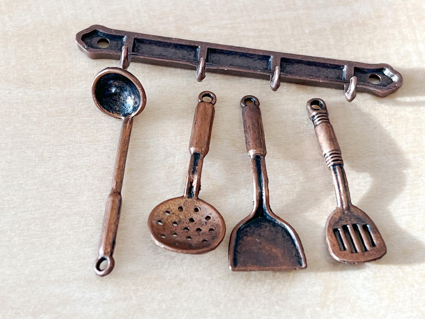 Miniature Copper Kitchen Utensil Set 1:12 Scale – 4 PC Dollhouse Cooking Set with Rack __etsy:6882452323