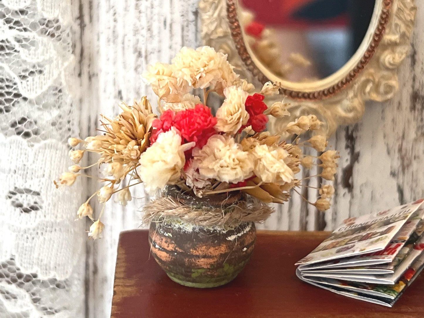 Miniature Terracotta Planter 1:12 Scale, Dollhouse Rustic Decor with Dried Flowers __etsy:7835795527