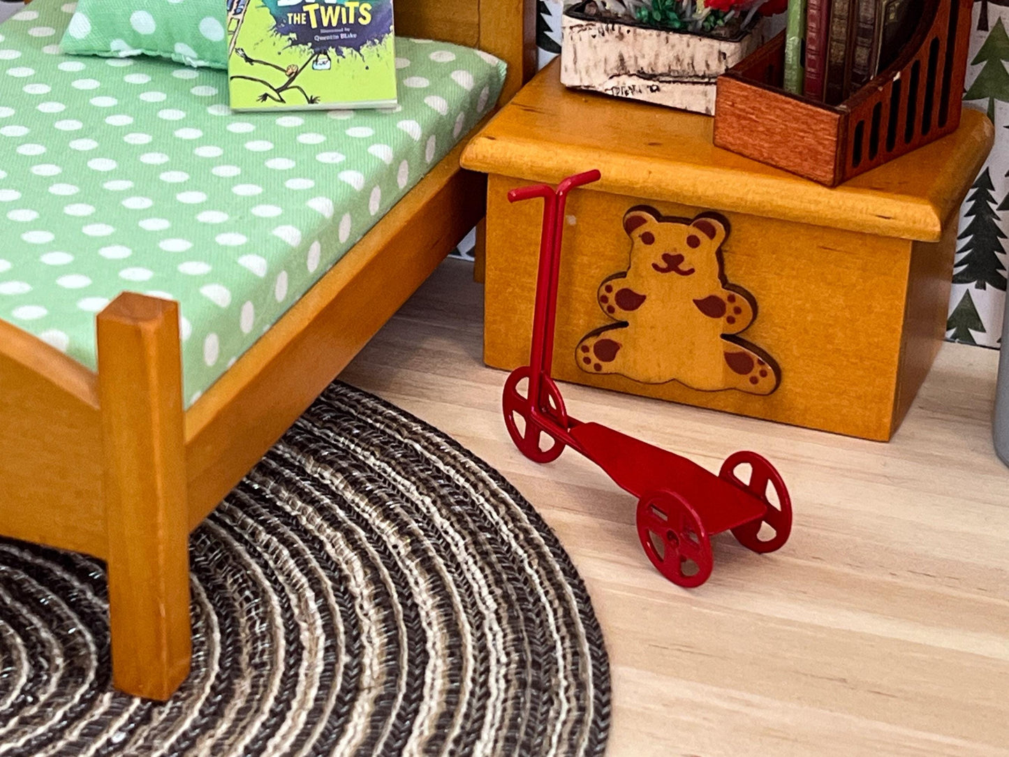 Miniature Red Scooter withThree Wheels - 1:12 Scale - Dollhouse Vintage Tricycle for Kids Room __etsy:8120870551