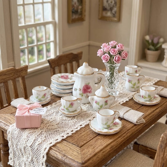 1:12 Scale Miniature 17-Piece Porcelain Tea Set – Pink Rose & Gold Trim Dollhouse Tea Service