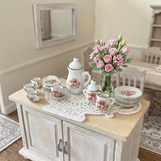1:12 Scale Miniature Porcelain Tea Set 17-Piece – Pink Rose & Gold Dollhouse Tea Service