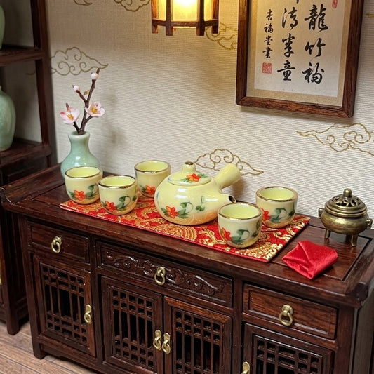 1:12 Scale Miniature Porcelain Tea Set 6-Piece – Yellow Floral Dollhouse Tea Service