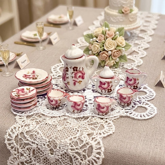 1:12 Scale Miniature 17-Piece Porcelain Tea Set – Pink & Gold Dollhouse Tea Service