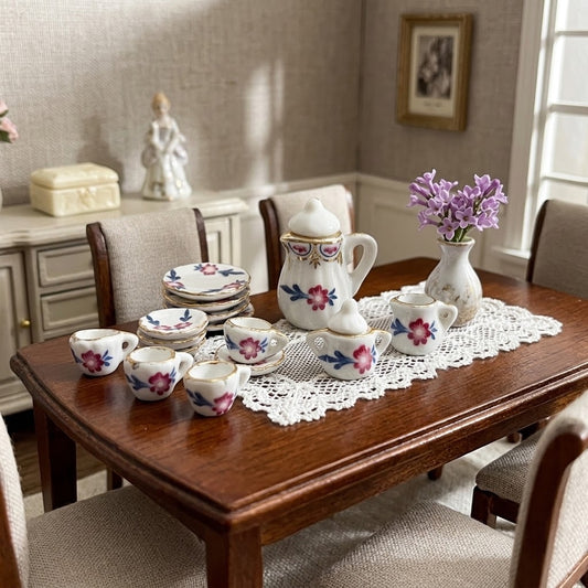 1:12 Scale Miniature 17-Piece Porcelain Tea Set – Floral Dollhouse Tea Service with Gold Trim