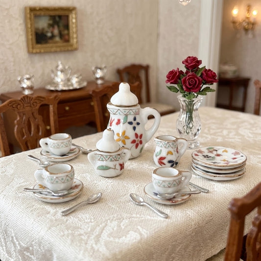 1:12 Scale Miniature 17-Piece Porcelain Tea Set – Floral Dollhouse Tea Set with Teapot, Cups & Plates