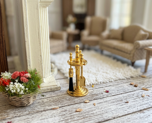 1:12 Scale Miniature Gold-Tone Fireplace Tool Set – 4-Piece Metal Dollhouse Fireplace Accessories