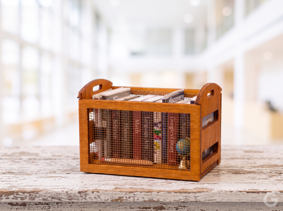 1:12 Scale Wooden Storage Basket with Wire Mesh Panels – Orange-Toned Stain