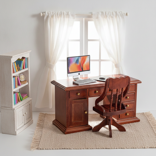 1:12 Scale Miniature Silver Desktop Computer Set – 4-Piece Metal Office Computer with Mouse Pad, Dollhouse Electronics