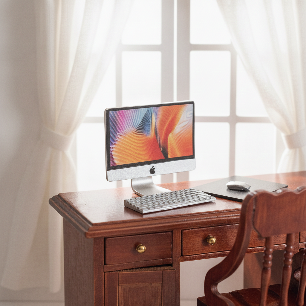1:12 Scale Miniature Silver Desktop Computer Set – 4-Piece Metal Office Computer with Mouse Pad, Dollhouse Electronics