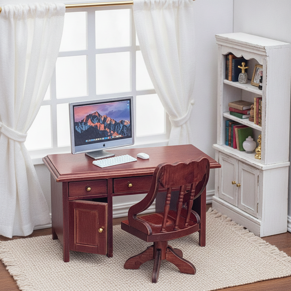 1:12 Scale Miniature Large Desktop Computer Set – 3-Piece Metal Office Computer, Dollhouse Electronics