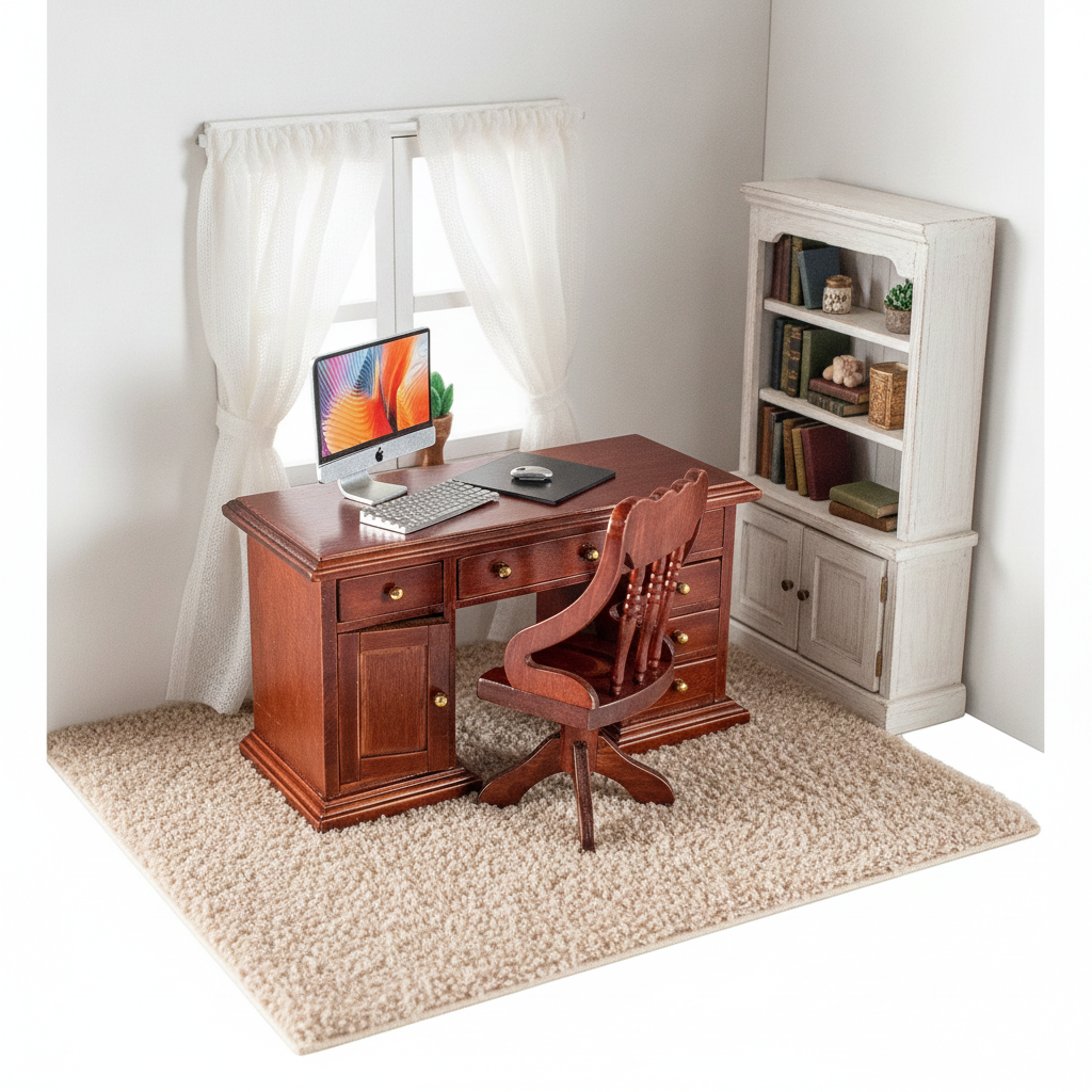 1:12 Scale Miniature Silver Desktop Computer Set – 4-Piece Metal Office Computer with Mouse Pad, Dollhouse Electronics
