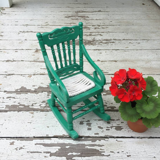 1:12 Scale Miniature Green Wooden Rocking Chair with Woven Cord Seat