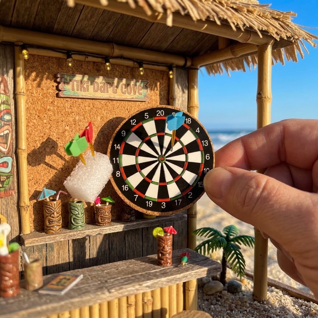1:12 Scale Miniature Cork Dart Board with Darts – Dollhouse Game Room Wall Decor