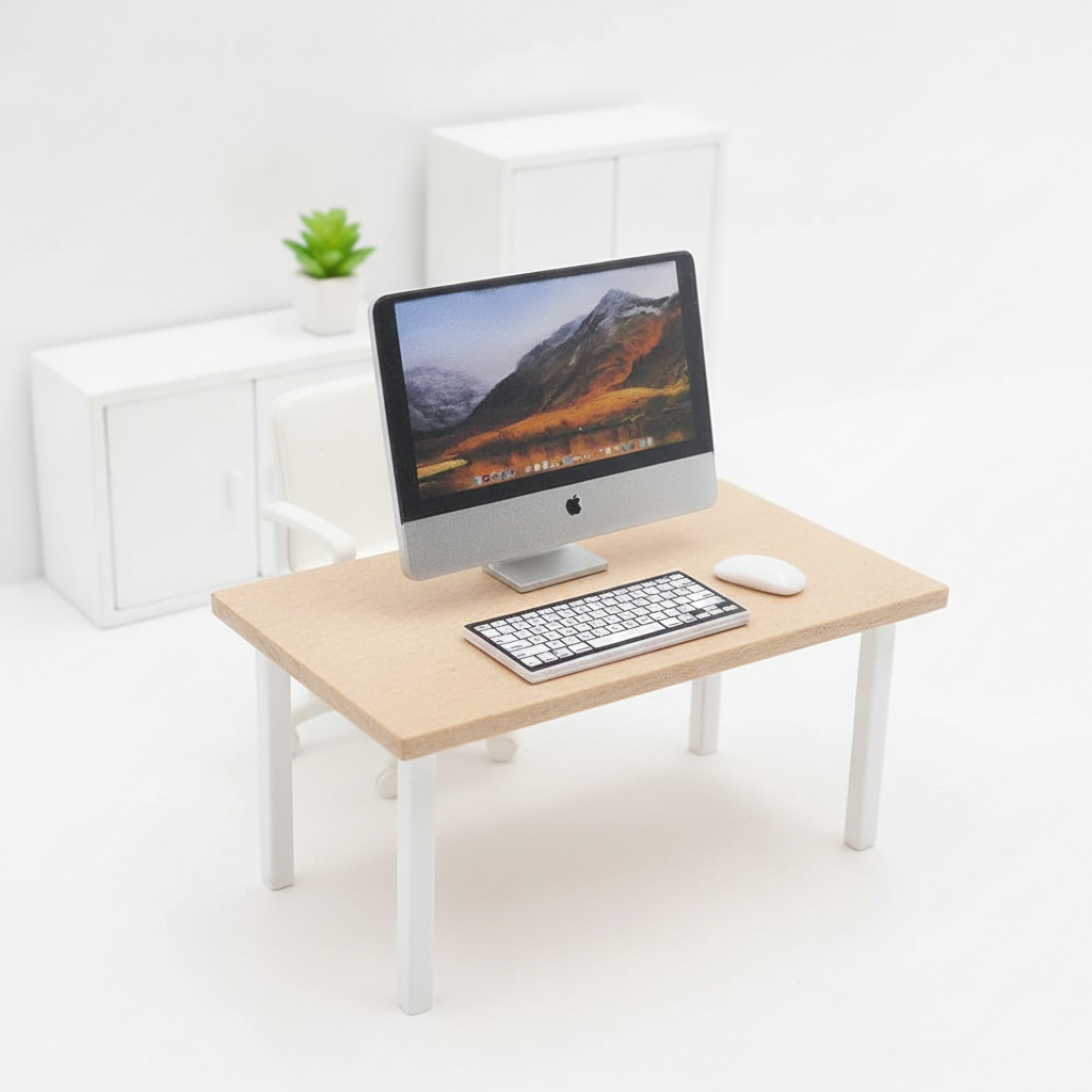1:12 Scale Miniature Desktop Computer Set – Metal Silver Monitor with Keyboard & Mouse, Dollhouse Office Electronics