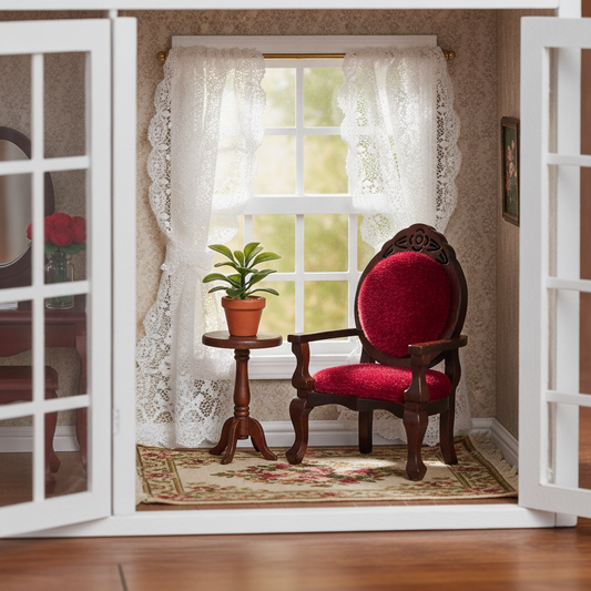 1:12 Scale Miniature Victorian Accent Chair – Walnut Wood & Red Velvet Dollhouse Furniture