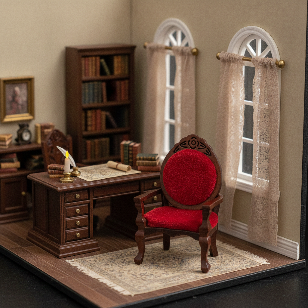 1:12 Scale Miniature Victorian Accent Chair – Walnut Wood & Red Velvet Dollhouse Furniture