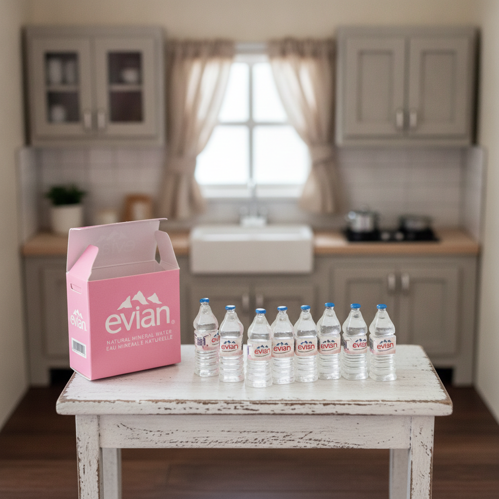 1:12 Scale Miniature Square Bottled Water Set – 8-Pack with Storage Box